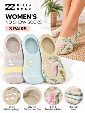 Billabong Women's No Show Socks 3 Pairs Non Slip Gel Heel Grip Size 4-10